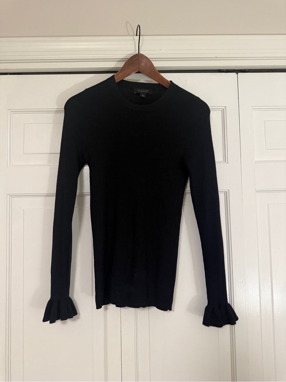 Ann Taylor Black Crewneck Sweater with Ruffle Cuffs